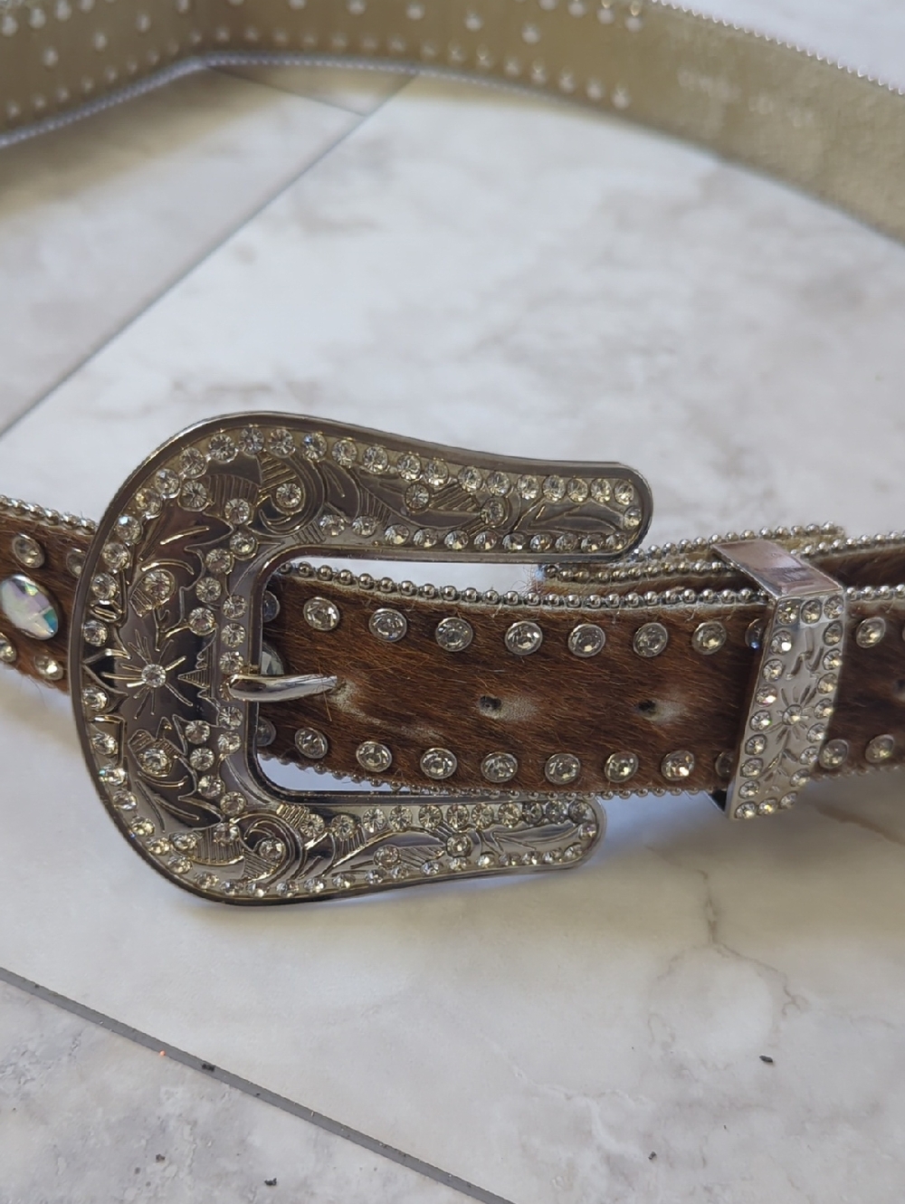 Crystal Western Buckle Hair-On Leather Belt - Brown & Silver